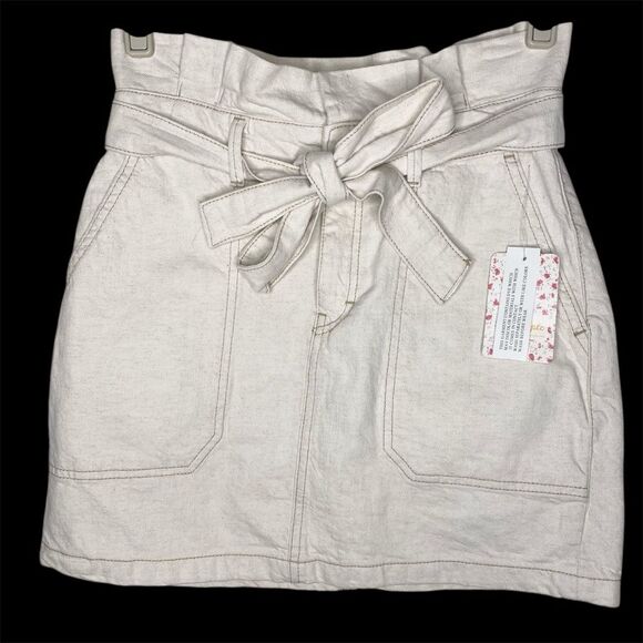 Free People Splendor In The Grass Mini Skirt Paperbag Waist New Oatmeal Size 4 - Picture 2 of 7